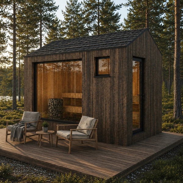 IDYLL Serenity i mørkt treverk med stort vindu, og to utestoler med pledd på terrassen, i furuskog