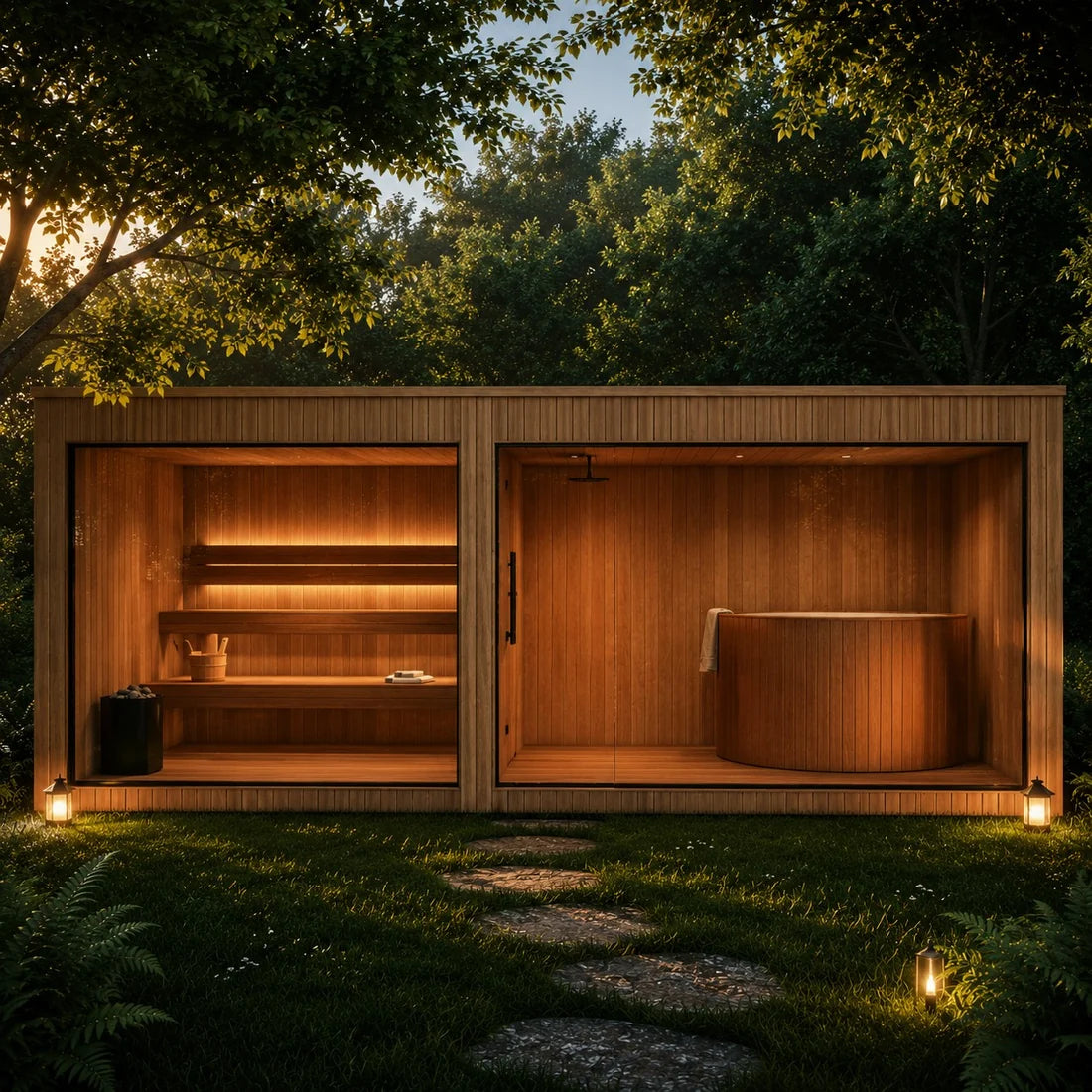 Idyll Premium SPA om kvelden: to opplyste rom bak glass, ett med badstubenker og ett med badestamp, og små lys langs steinstien