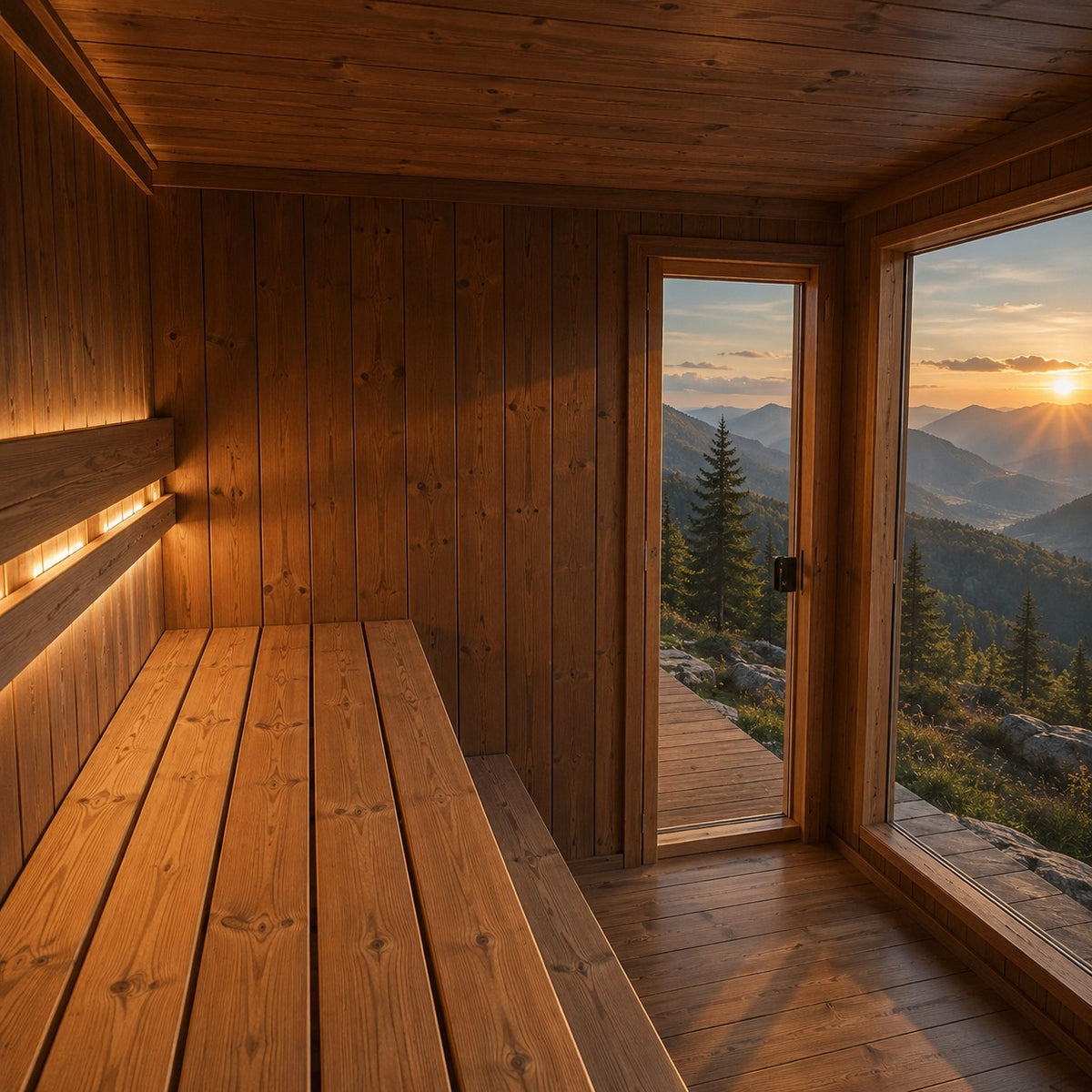 Innsiden av IDYLL Cube: brede trebenker med LED-lys langs veggen, og glassdør og vindu med utsikt mot fjell i solnedgang